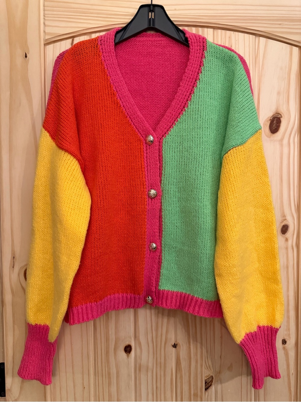 Colorblock V-Neck Button Cardigan Sweater - Pink, Red, Green, Yellow